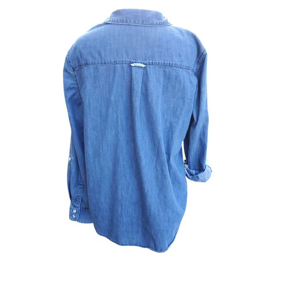 Draper James Blue Cotton Denim Chambray Button Down Top Roll Tab Sleeves Sz 12 - Picture 9 of 10